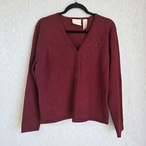 Vtg Y2K First Issue XL Cardigan Burgundy Floral Embroidered Cottage‎ Grandmacore